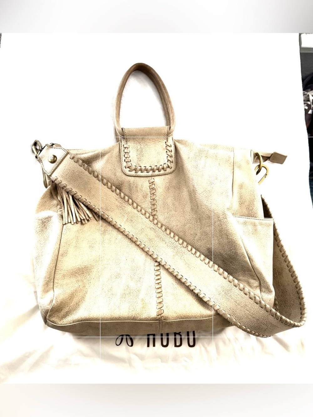 HOBO Cream Leather Tote with Whipstitch Strap and Tassel